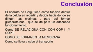 El aparato de Golgi tiene como función dentro
de la célula en repartir y decidir hacia donde se
dirigen las enzimas , para así formar
glicoproteínas , que se da para un adecuado
funcionamiento.
Como SE RELACIONA CON CON COP I Y
COP II
COMO SE FORMA EN LA MEMBRANA
Como se lleva a cabo el transporte
Conclusión
 