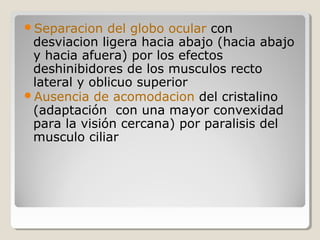 Separacion del globo ocular con
desviacion ligera hacia abajo (hacia abajo
y hacia afuera) por los efectos
deshinibidores de los musculos recto
lateral y oblicuo superior
Ausencia de acomodacion del cristalino
(adaptación con una mayor convexidad
para la visión cercana) por paralisis del
musculo ciliar
 