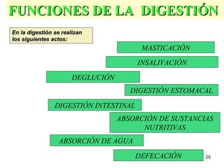 25
FUNCIONES DE LA DIGESTIÓNFUNCIONES DE LA DIGESTIÓN
MASTICACIÓN
INSALIVACIÓN
DEGLUCIÓN
DIGESTIÓN ESTOMACAL
DIGESTIÓN INTESTINAL
ABSORCIÓN DE SUSTANCIAS
NUTRITIVAS
ABSORCIÓN DE AGUA
DEFECACIÓN
En la digestión se realizanEn la digestión se realizan
los siguientes actos:los siguientes actos:
 