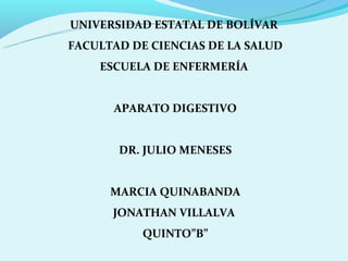 UNIVERSIDAD ESTATAL DE BOLÍVAR
FACULTAD DE CIENCIAS DE LA SALUD
    ESCUELA DE ENFERMERÍA


      APARATO DIGESTIVO


       DR. JULIO MENESES


      MARCIA QUINABANDA
      JONATHAN VILLALVA
           QUINTO”B”
 