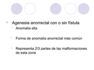 

Agenesia anorrectal con o sin fístula


Anomalía alta



Forma de anomalía anorrectal más común



Representa 2/3 partes de las malformaciones
de esta zona

 