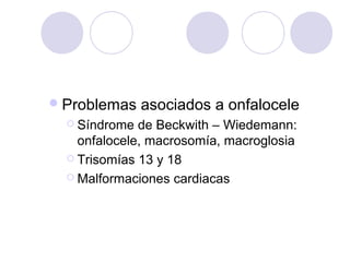  Problemas
 Síndrome

asociados a onfalocele

de Beckwith – Wiedemann:
onfalocele, macrosomía, macroglosia
 Trisomías 13 y 18
 Malformaciones cardiacas

 