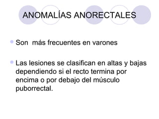ANOMALÍAS ANORECTALES
 Son
 Las

más frecuentes en varones

lesiones se clasifican en altas y bajas
dependiendo si el recto termina por
encima o por debajo del músculo
puborrectal.

 