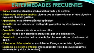 • Caries: desmineralización gradual del esmalte y la dentina.
• Enfermedad ulcerosa péptica: ulceras que se desarrollan en el tubo digestivo
expuesto al acido gástrico.
• Apendicitis: es la inflamación del apéndice.
• Hepatitis: es una inflamación del hígado producida por virus, fármacos y
alcohol.

• Colecistitis: inflamación de la vesícula biliar.
• Cirrosis: hígado con cicatrices producidas por una inflamación.
• Colostomía: derivación de la corriente fecal a través de una abertura en el
colon.
• Enfermedad inflamatoria: es una inflamación aguda del tubo digestivo.
• Síndrome de intestino irritable: enfermedad del tubo digestivo (espasmos
abdominales y dolor abdominal).

 