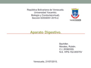 República Bolivariana de Venezuela.
Universidad Yacambú.
Biología y Conducta(virtual).
Sección ED03D0V 2015-2.
Bachiller.
Morales, Rubén.
C.I: 20360355.
N.E. HPS-152-00575V
Venezuela, 21/07/2015.
 