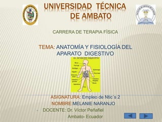 UNIVERSIDAD TÉCNICA
DE AMBATO
CARRERA DE TERAPIA FÌSICA
TEMA: ANATOMÌA Y FISIOLOGÌA DEL
APARATO DIGESTIVO
ASIGNATURA: Empleo de Ntic`s 2
NOMBRE:MELANIE NARANJO
• DOCENTE: Dr. Víctor Peñafiel
Ambato- Ecuador
 