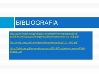 http://www.niddk.nih.gov/health-information/informacion-de-la-
salud/anatomia/aparato-digestivo/Documents/yrdd_sp_508.pdf
http://med.unne.edu.ar/enfermeria/catedras/fisio/2011/012.pdf
https://biblioceop.files.wordpress.com/2011/02/digestivo_morfo2009-
externo.pdf
BIBLIOGRAFIA
 