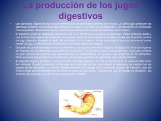 La producción de los jugos
digestivos
• Las glándulas digestivas que actúan primero son las glándulas salivares de la boca. La saliva que producen las
glándulas contiene una enzima que comienza a digerir el almidón de los alimentos y lo transforma en moléculas
más pequeñas. Una enzima es una sustancia que acelera las reacciones químicas en el cuerpo.
• El siguiente grupo de glándulas digestivas está en la membrana que tapiza el estómago. Éstas producen ácido y
una enzima que digiere las proteínas. Una gruesa capa de moco tapiza la mucosa y evita que la acción acídica
del jugo digestivo disuelva el tejido del estómago. En la mayoría de las personas, la mucosa estomacal puede
resistir el jugo, a diferencia de los alimentos y de otros tejidos del cuerpo.
• Después de que el estómago vierte los alimentos y su jugo en el intestino delgado, los jugos de otros dos órganos
se mezclan con los alimentos para continuar el proceso. Uno de esos órganos es el páncreas, cuyo jugo contiene
un gran número de enzimas que descomponen los carbohidratos, las grasas y las proteínas de los alimentos.
Otras enzimas que participan activamente en el proceso provienen de glándulas en la pared intestinal.
• El segundo órgano, el hígado, produce la bilis, otro jugo digestivo. La bilis se almacena en la vesícula biliar entre
las comidas. Cuando comemos, la bilis sale de la vesícula por las vías biliares al intestino y se mezcla con las
grasas de los alimentos. Los ácidos biliares disuelven las grasas en el contenido acuoso del intestino, casi del
mismo modo que los detergentes disuelven la grasa de una sartén. Después de que las grasas se disuelven, las
enzimas del páncreas y de la mucosa intestinal las digieren.
 
