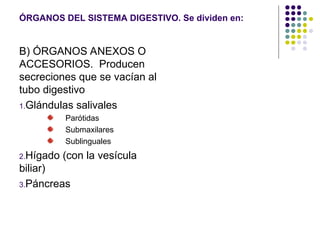 ÓRGANOS DEL SISTEMA DIGESTIVO. Se dividen en:
B) ÓRGANOS ANEXOS O
ACCESORIOS. Producen
secreciones que se vacían al
tubo digestivo
1.Glándulas salivales
Parótidas
Submaxilares
Sublinguales
2.Hígado (con la vesícula
biliar)
3.Páncreas
 