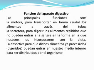 Funcion del aparato digestivo
Las         principales          funciones        son:
la motora, para transportar en forma caudal los
alimentos         a       través        del      tubo;
la secretora, para digerir los alimentos recibidos que
no pueden entrar a la sangre en la forma en la que
nosotros los incorporamos con la dieta.
La absortiva para que dichos alimentos ya procesados
(digeridos) puedan entrar en nuestro medio interno
para ser distribuidos por el organismo
 