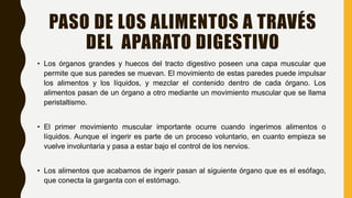 PASO DE LOS ALIMENTOS A TRAVÉS
DEL APARATO DIGESTIVO
• Los órganos grandes y huecos del tracto digestivo poseen una capa muscular que
permite que sus paredes se muevan. El movimiento de estas paredes puede impulsar
los alimentos y los líquidos, y mezclar el contenido dentro de cada órgano. Los
alimentos pasan de un órgano a otro mediante un movimiento muscular que se llama
peristaltismo.
• El primer movimiento muscular importante ocurre cuando ingerimos alimentos o
líquidos. Aunque el ingerir es parte de un proceso voluntario, en cuanto empieza se
vuelve involuntaria y pasa a estar bajo el control de los nervios.
• Los alimentos que acabamos de ingerir pasan al siguiente órgano que es el esófago,
que conecta la garganta con el estómago.
 
