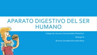 APARATO DIGESTIVO DEL SER
HUMANO
Colegio de ciencias y Humanidades Plantel Sur
Biología III
Alumna: GonzálezAhumada Alexa
 