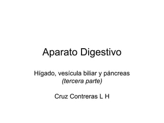 Aparato Digestivo
Hígado, vesícula biliar y páncreas
(tercera parte)
Cruz Contreras L H
 