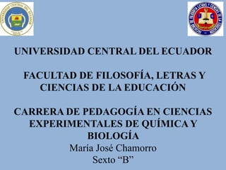 UNIVERSIDAD CENTRAL DEL ECUADOR
FACULTAD DE FILOSOFÍA, LETRAS Y
CIENCIAS DE LA EDUCACIÓN
CARRERA DE PEDAGOGÍA EN CIENCIAS
EXPERIMENTALES DE QUÍMICA Y
BIOLOGÍA
María José Chamorro
Sexto “B”
 