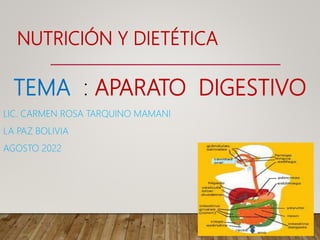 NUTRICIÓN Y DIETÉTICA
TEMA : APARATO DIGESTIVO
LIC. CARMEN ROSA TARQUINO MAMANI
LA PAZ BOLIVIA
AGOSTO 2022
 