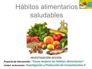 Hábitos alimentarios
saludables
INVESTIGACIÓN-ACCIÓN
Proyecto de intervención : “Como mejorar los Hábitos alimentarios”
Unidad de formación: Investigación y Producción de Conocimientos II
 