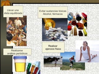 Llevar una
dieta equilibrada

Realizarse
análisis periódicos

Evitar sustancias tóxicas
Alcohol, fármacos

Realizar
ejercicio físico

 