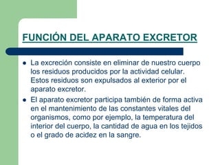 FUNCIÓN DEL APARATO EXCRETOR 
 La excreción consiste en eliminar de nuestro cuerpo 
los residuos producidos por la actividad celular. 
Estos residuos son expulsados al exterior por el 
aparato excretor. 
 El aparato excretor participa también de forma activa 
en el mantenimiento de las constantes vitales del 
organismos, como por ejemplo, la temperatura del 
interior del cuerpo, la cantidad de agua en los tejidos 
o el grado de acidez en la sangre. 
 