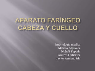 Aparato FaríngeoCabeza y cuello Embriología medica Melissa Algrávez Noheli Zepeda Andrés Gutiérrez Javier Armendáriz 