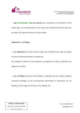  
	
  
CIENCIAS : CUERPO HUMANO
ZAGAL SCA – COLEGIO ALQUERÍA
Educando desde 1978
Fecha: SEPTIEMBRE 2015
Depositado: 4º EPO
Edición: 1 | Pág. 5 de 8
- Las articulaciones fijas son aquellas que no permiten el movimiento de los
huesos (Ej.: las articulaciones de los huesos del cráneo).Su función suele ser
proteger los órganos internos a los que rodean.
Ligamentos y cartílagos
- Los ligamentos son unas tiras de tejido muy resistente que unen los huesos
en las articulaciones móviles y semimóviles.
Por ejemplo el húmero se une mediante un ligamento al radio y mediante otro
ligamento al cúbito.
- Los cartílagos son piezas más blandas y elásticas que los huesos. Podemos
encontrar cartílagos en las articulaciones (facilitando el movimiento de los
huesos), en las orejas, en la nariz, en la tráquea, etc.
	
  
	
  
	
  
	
  
	
  
 