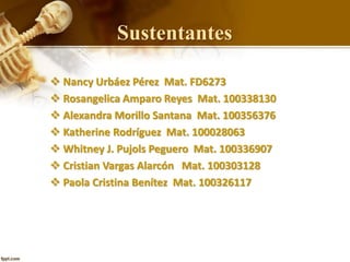 Sustentantes
 Nancy Urbáez Pérez Mat. FD6273
 Rosangelica Amparo Reyes Mat. 100338130
 Alexandra Morillo Santana Mat. 100356376
 Katherine Rodríguez Mat. 100028063
 Whitney J. Pujols Peguero Mat. 100336907
 Cristian Vargas Alarcón Mat. 100303128
 Paola Cristina Benítez Mat. 100326117
 
