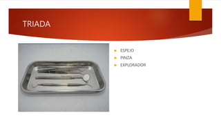 TRIADA
 ESPEJO
 PINZA
 EXPLORADOR
 