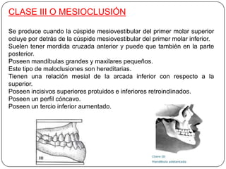 CLASE III O MESIOCLUSIÓN

Se produce cuando la cúspide mesiovestibular del primer molar superior
ocluye por detrás de la cúspide mesiovestibular del primer molar inferior.
Suelen tener mordida cruzada anterior y puede que también en la parte
posterior.
Poseen mandíbulas grandes y maxilares pequeños.
Este tipo de maloclusiones son hereditarias.
Tienen una relación mesial de la arcada inferior con respecto a la
superior.
Poseen incisivos superiores protuidos e inferiores retroinclinados.
Poseen un perfil cóncavo.
Poseen un tercio inferior aumentado.
 