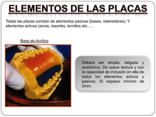 Todas las placas constan de elementos pasivos (bases, retenedores). Y
elementos activos (arcos, resortes, tornillos etc.….


        Base de Acrílico




                                          Deberá ser amplia, delgada y
                                          anatómica. De suave textura y con
                                          la capacidad de inclusión en ella de
                                          todos los elementos activos y
                                          pasivos. El espesor mínimo de
                                          2mm.
 