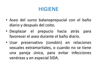 HIGIENE
• Aseo del surco balanoprepucial con el baño
diario y después del coito.
• Desplazar el prepucio hacia atrás para
favorecer el aseo durante el baño diario.
• Usar preservativo (condón) en relaciones
sexuales extramaritales, o cuando no se tiene
una pareja única, para evitar infecciones
venéreas y en especial SIDA.
 