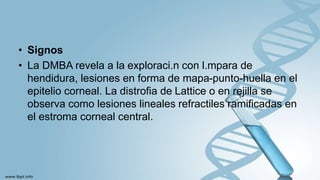 • Signos
• La DMBA revela a la exploraci.n con l.mpara de
hendidura, lesiones en forma de mapa-punto-huella en el
epitelio corneal. La distrofia de Lattice o en rejilla se
observa como lesiones lineales refractiles ramificadas en
el estroma corneal central.
 