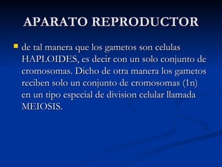 APARATO REPRODUCTOR de tal manera que los gametos son celulas HAPLOIDES, es decir con un solo conjunto de cromosomas. Dicho de otra manera los gametos reciben solo un conjunto de cromosomas (1n) en un tipo especial de division celular llamada MEIOSIS. 