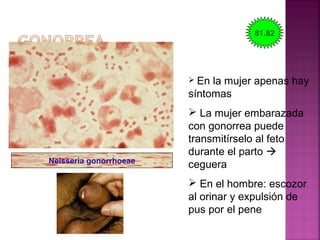Neisseria gonorrhoeae
 En la mujer apenas hay
síntomas
 La mujer embarazada
con gonorrea puede
transmitírselo al feto
durante el parto 
ceguera
 En el hombre: escozor
al orinar y expulsión de
pus por el pene
81,82
 