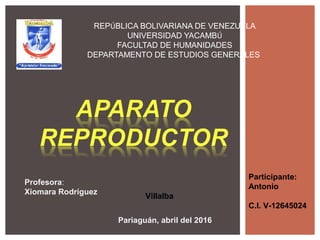 REPÚBLICA BOLIVARIANA DE VENEZUELA
UNIVERSIDAD YACAMBÚ
FACULTAD DE HUMANIDADES
DEPARTAMENTO DE ESTUDIOS GENERALES
Pariaguán, abril del 2016
Participante:
Antonio
Villalba
C.I. V-12645024
Profesora:
Xiomara Rodríguez
 