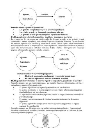 Producir
Otras formas de expresar la proposición:
• Los gametos son producidos por el aparato reproductor
• Las células sexuales se forman el aparato reproductor.
• Los gametos existen gracias al aparato reproductor humano
P4. El aparato reproductor humano tiene un ciclo de maduración más largo.
En el momento del nacimiento ya está formados los órganos sexuales y por lo tanto ya está
constituido el aparato reproductor masculino y el aparato reproductor femenino. Durante la niñez
los aparatos reproductores en niños y niñas entran en una fase de reposo, estos comienzan su
función reproductiva en la etapa conocida como la pubertad. Desde el nacimiento a la pubertad
de un niño transcurren de 11 a 13 años; en la niña de 10 a 14 años. Al llegar a estas edades ya
empieza a formarse los gametos o células sexuales.
tener
Diferentes formas de expresar la proposición
• El ciclo de maduración en el aparato reproductor es más largo
• El Aparato reproductor humano demora en madurar
P5. El aparato reproductor no es aparato digestivo, respiratorio, circulatorio ni excretor
Todos los aparatos son una reunión de órganos que cumplen funciones determinadas, esto hace
que cada uno sea específico por ejemplo:
• El aparato digestivo se encarga del procesamiento de los alimentos
• El aparato respiratorio se encarga de proporcionar oxígeno a la sangre para que sea
distribuido luego por todo el cuerpo
• EL aparato circulatorio es el encargado de circular la sangre con sustancias nutritivas
por todo el cuerpo
• El aparato excretor se encarga de eliminar las sustancias de desecho de nuestro
organismo.
• El aparato reproductor cumple con la función específica de perpetuar la especie
gracias a la reproducción.
Todos los aparatos son diferentes, pero eso no hace que sean independientes. En conjunto el
buen funcionamiento de todos hace que el ser humano pueda cumplir con su ciclo vital de una
manera equilibrada y óptima.
Aparato
Reproductor
Gametos
Aparato
Reproductor
Humano
Ciclo de
maduración
más largo
 