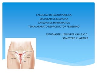 FACULTAD DE SALUD PUBLICA
ESCUELAD DE MEDICINA
CATEDRA DE INFORMATICA
TEMA: APARATO REPRODUCTOR FEMENINO
ESTUDIANTE : JENNYFER VALLEJO G.
SEMESTRE: CUARTO B
 