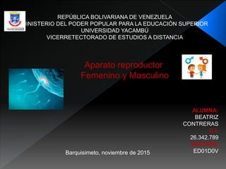 REPÚBLICA BOLIVARIANA DE VENEZUELA
MINISTERIO DEL PODER POPULAR PARA LA EDUCACIÓN SUPERIOR
UNIVERSIDAD YACAMBÚ
VICERRETECTORADO DE ESTUDIOS A DISTANCIA
ALUMNA:
BEATRIZ
CONTRERAS
C.I:
26.342.789
SECCIÓN:
ED01D0VBarquisimeto, noviembre de 2015
Aparato reproductor
Femenino y Masculino
 