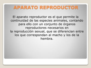APARATO REPRODUCTOR
El aparato reproductor es el que permite la
continuidad de las especies animales, contando
para ello con un conjunto de órganos
reproductores necesarios en
la reproducción sexual, que se diferencian entre
los que correspondan al macho y los de la
hembra.
 