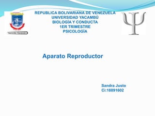 REPUBLICA BOLIVARIANA DE VENEZUELA
UNIVERSIDAD YACAMBÚ
BIOLOGÍA Y CONDUCTA
1ER TRIMESTRE
PSICOLOGÍA
Sandra Justo
Ci:18891602
Aparato Reproductor
 