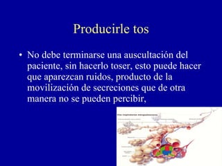 Producirle tos No debe terminarse una auscultación del paciente, sin hacerlo toser, esto puede hacer que aparezcan ruidos, producto de la movilización de secreciones que de otra manera no se pueden percibir,  