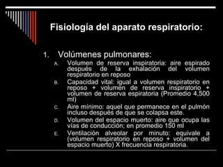 Fisiología del aparato respiratorio: Volúmenes pulmonares: Volumen de reserva inspiratoria: aire espirado después de la exhalación del volumen respiratorio en reposo Capacidad vital: igual a volumen respiratorio en reposo + volumen de reserva inspiratorio + volumen de reserva espiratoria (Promedio 4,500 ml) Aire mínimo: aquel que permanece en el pulmón incluso después de que se colapsa este. Volumen del espacio muerto: aire que ocupa las vías de conducción; en promedio 150 ml Ventilación alveolar por minuto: equivale a (volumen respiratorio en reposo + volumen del espacio muerto) X frecuencia respiratoria. 