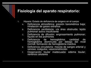 Fisiología del aparato respiratorio: Hipoxia: Estado de deficiencia de oxigeno en el cuerpo Deficiencia atmosférica: presión barométrica baja; inhalación de gases extraños Deficiencia ventilatoria: vía área obstruida; tejido pulmonar activo insuficiente Deficiencia de difusión: engrosamiento pulmonar; liquido en los pulmones Deficiencia de hemoglobina: cantidad de hemoglobina disminuida por debajo del nivel normal; formación de hemoglobina inactiva Deficiencia circulatoria: mezcla de sangre arterial y venosa; coágulos; vasoconstricción Oxigenación tisular inadecuada: edema tisular; venenos celulares 