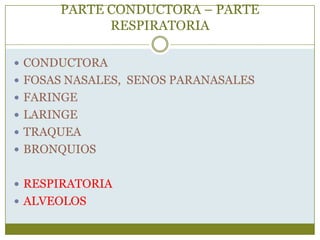 PARTE CONDUCTORA – PARTE
            RESPIRATORIA

 CONDUCTORA
 FOSAS NASALES, SENOS PARANASALES
 FARINGE
 LARINGE
 TRAQUEA
 BRONQUIOS


 RESPIRATORIA
 ALVEOLOS
 