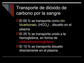 Transporte de dióxido de
carbono por la sangre
 El 65 % se transporta como ión
  bicarbonato, (HCO3)- , disuelto en el
  plasma
 El 25 % se transporta unido a la
  hemoglobina, en forma de
  carbaminohemoglobina
 El 10 % se transporta disuelto
  directamente en el plasma
 