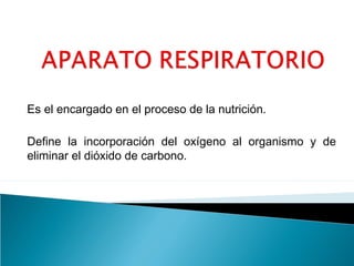 Es el encargado en el proceso de la nutrición. 
Define la incorporación del oxígeno al organismo y de 
eliminar el dióxido de carbono. 
 