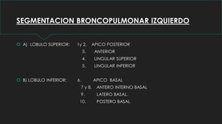SEGMENTACION BRONCOPULMONAR IZQUIERDO
 A) LOBULO SUPERIOR: 1y 2. APICO POSTERIOR
3. ANTERIOR
4. LINGULAR SUPERIOR
5. LINGULAR INFERIOR
 B) LOBULO INFERIOR: 6. APICO BASAL
7 y 8. ANTERO INTERNO BASAL
9. LATERO BASAL.
10. POSTERO BASAL
 