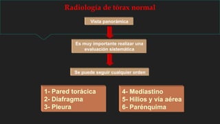 Radiología de tórax normal
Es muy importante realizar una
evaluación sistemática
Se puede seguir cualquier orden
1- Pared torácica
2- Diafragma
3- Pleura
4- Mediastino
5- Hilios y vía aérea
6- Parénquima
Vista panorámica
 