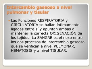 Intercambio gaseoso a nivel
pulmonar y tisular
 Las Funciones RESPIRATORIA y
CIRCULATORIA se hallan íntimamente
ligadas entre sí y apuntan ambas a
mantener la correcta OXIGENACIÓN de
los tejidos. La SANGRE es el nexo entre
los dos procesos de intercambio gaseoso
que se verifican a nivel PULMONAR,
HEMATOSIS y a nivel TISULAR.
 