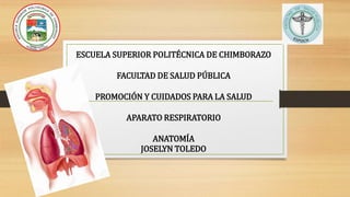 ESCUELA SUPERIOR POLITÉCNICA DE CHIMBORAZO
FACULTAD DE SALUD PÚBLICA
PROMOCIÓN Y CUIDADOS PARA LA SALUD
APARATO RESPIRATORIO
ANATOMÍA
JOSELYN TOLEDO
 