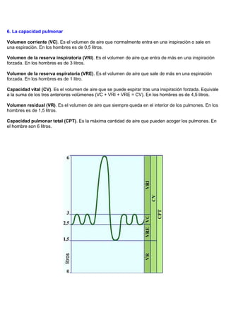 6. La capacidad pulmonar

Volumen corriente (VC). Es el volumen de aire que normalmente entra en una inspiración o sale en
una espiración. En los hombres es de 0,5 litros.

Volumen de la reserva inspiratoria (VRI). Es el volumen de aire que entra de más en una inspiración
forzada. En los hombres es de 3 litros.

Volumen de la reserva espiratoria (VRE). Es el volumen de aire que sale de más en una espiración
forzada. En los hombres es de 1 litro.

Capacidad vital (CV). Es el volumen de aire que se puede espirar tras una inspiración forzada. Equivale
a la suma de los tres anteriores volúmenes (VC + VRI + VRE = CV). En los hombres es de 4,5 litros.

Volumen residual (VR). Es el volumen de aire que siempre queda en el interior de los pulmones. En los
hombres es de 1,5 litros.

Capacidad pulmonar total (CPT). Es la máxima cantidad de aire que pueden acoger los pulmones. En
el hombre son 6 litros.
 