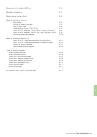 Información técnica ABB Catálogo técnico 36/
6
Bloque retención mecánica WB75-A 6/90
Bloques antiparasitarios 6/91
Bloque relé de interface RA5-1 6/92
Relés de sobrecarga térmicos:
Descripción 6/93
Curvas de disparo generales 6/95
Rangos relés ATEX 6/96
Características de uso T7DU, TA..DU 6/97
Datos técnicos generales T7DU, TA25DU, TA42DU, TA75DU 6/98
Datos técnicos generales TA80DU, TA110DU, TA200DU, TA450 6/99
Aprobaciones y certificaciones 6/100
Relés de sobrecarga electrónicos:
Datos técnicos y características de uso E16DU-E140DU 6/101
Datos técnicos y características de uso E200DU-E1250DU 6/102
Curvas de disparo generales 6/103
Aprobaciones y certificaciones 6/104
Tipos de Arranque de motor
Arranque directo en línea 6/105
Arranque estrella-triángulo 6/106
Arranque por auto-transformador 6/107
Arranque por resistencias estatóricas 6/108
Arranque por resistencias rotóricas 6/109
Arranque por arrancador suave 6/110
Arranque part winding 6/111
Arranque dahlander 6/111
Equivalencias entre gamas contactores ABB 6/112
 